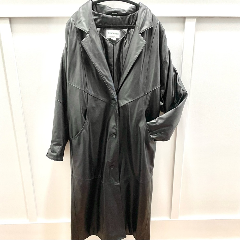 Black 100% Genuine Leather Trench Coat Jacket FITZ-WRIGHT size 1X